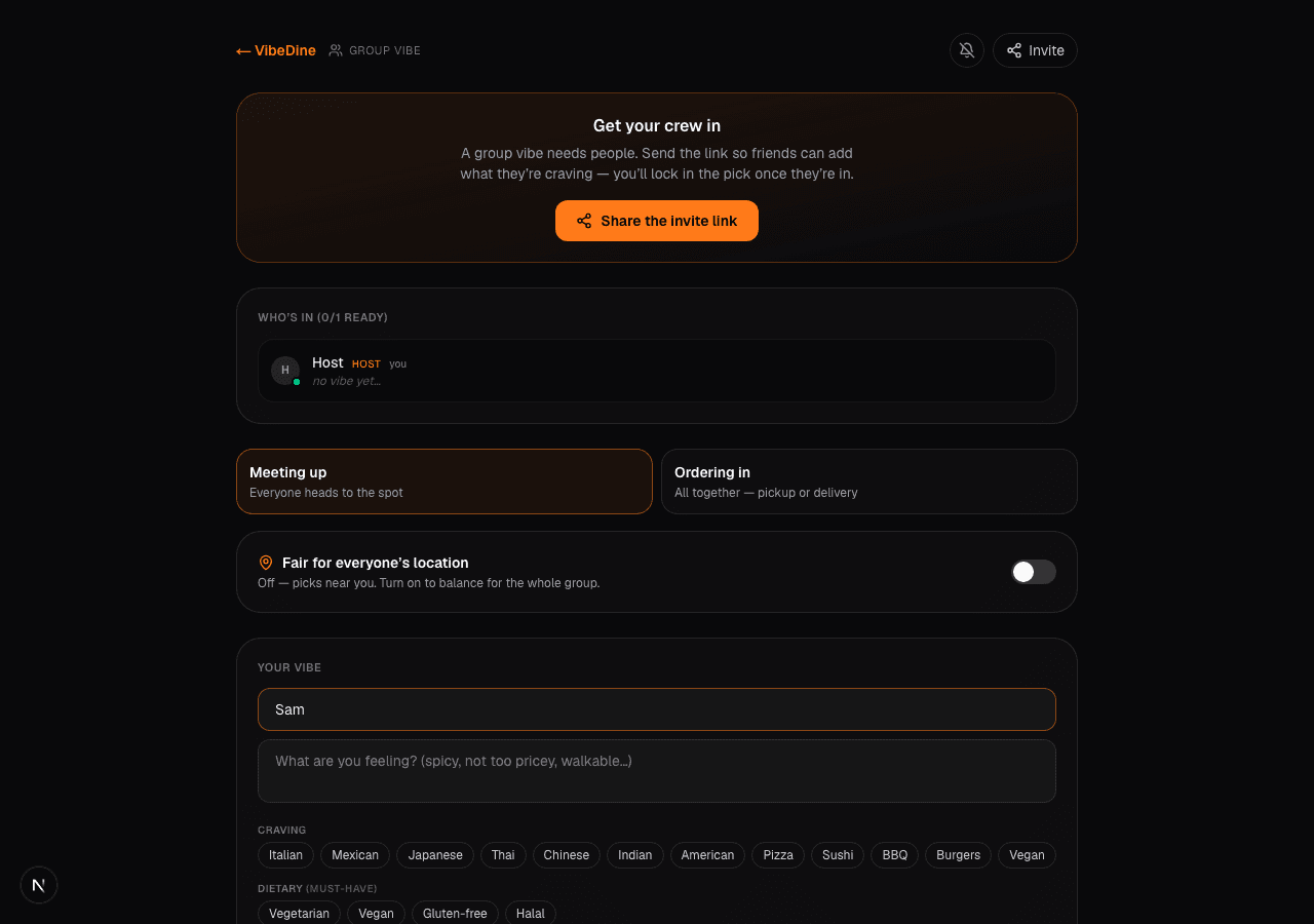 A VibeDine group vibe lobby: invite link, who's in, meetup vs ordering-in, fairness toggle
